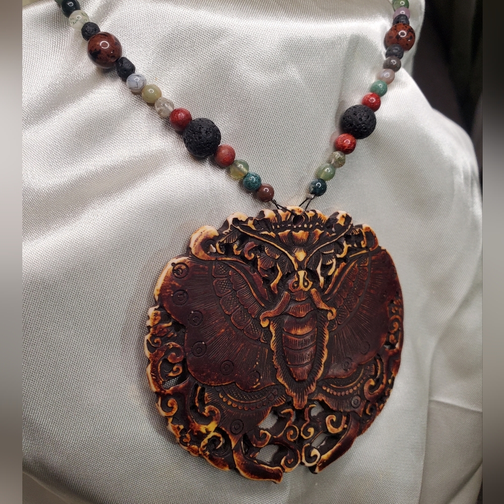 Moth Carved into Bone Pendant and Beaded Necklace